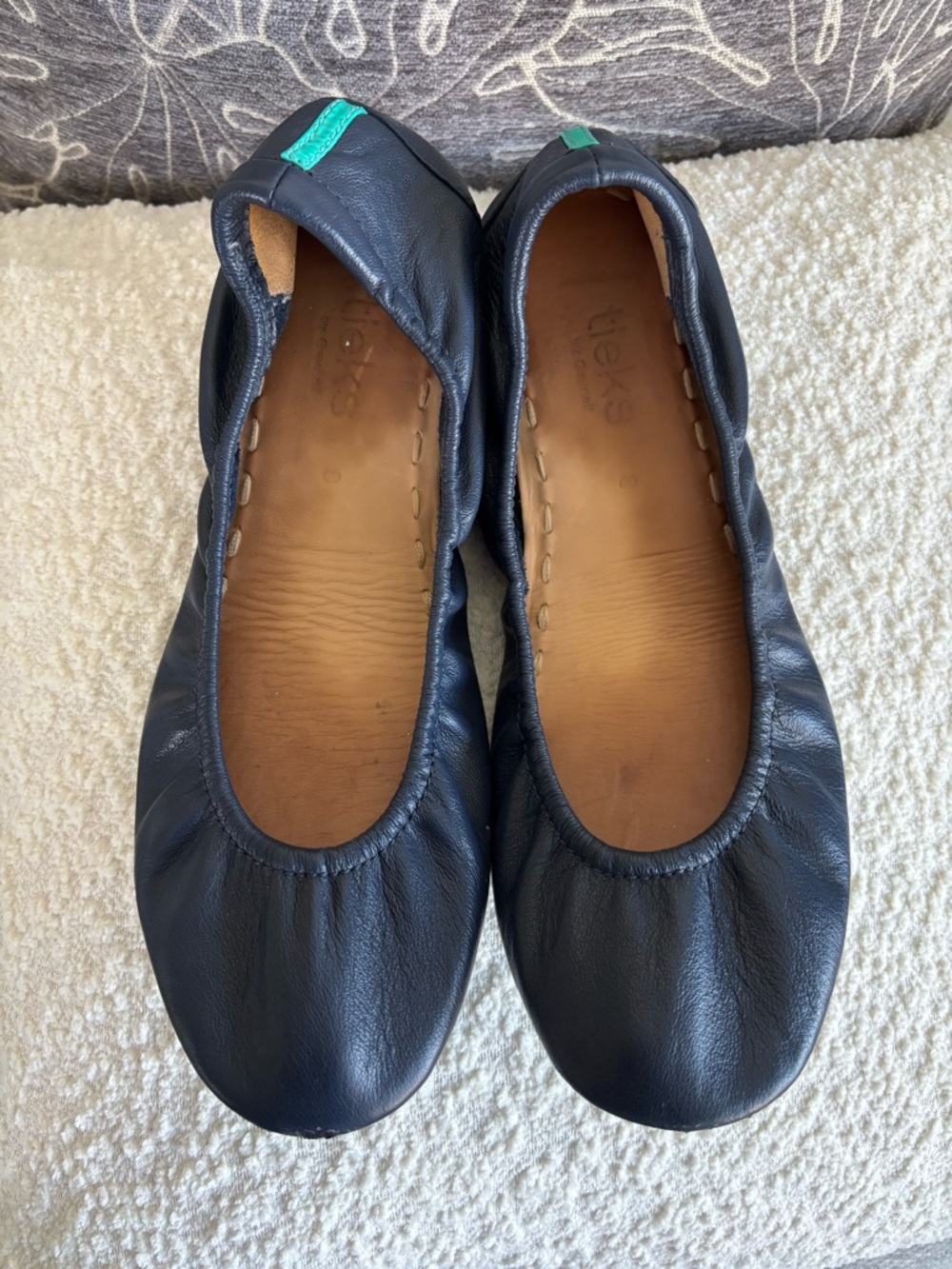 Tieks Black Leather Ballet Flats with Teal Heel Tab Accent